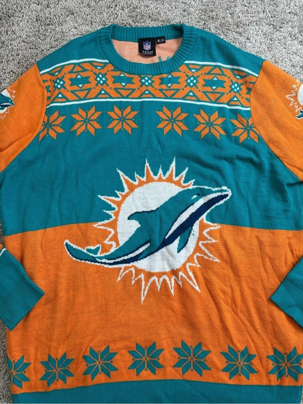 NFL Team Apparel Miami Dolphins Christmas NFL Sweater Blue & Orange Size 2XL